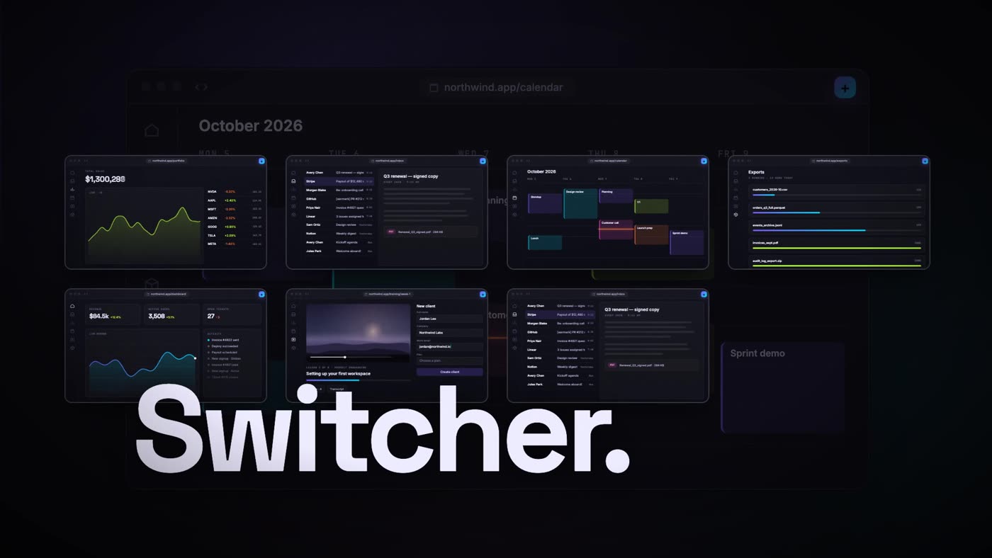 Earmark's Switcher layout showing a grid of live previews of a dashboard, inbox, calendar, and form over the page