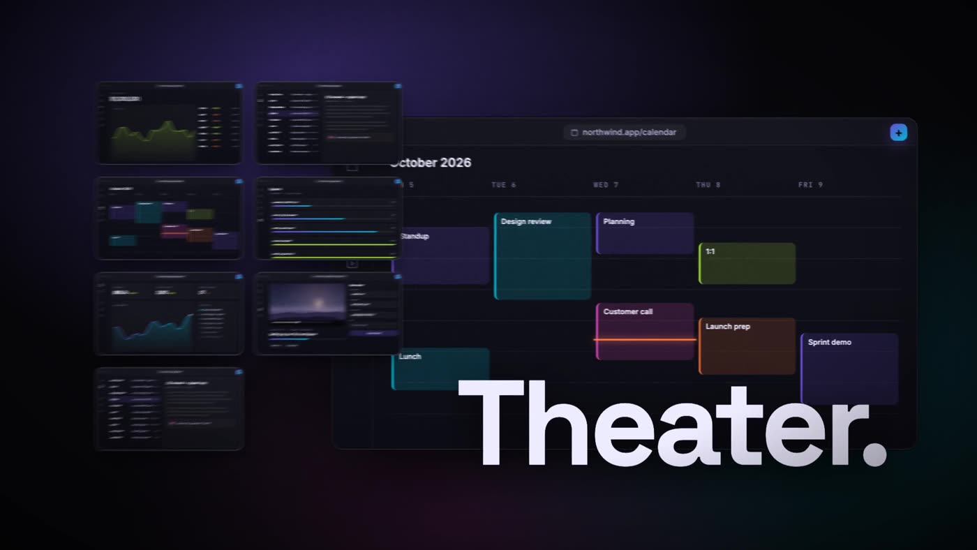 Earmark's Theater layout with the calendar page tightened to one side and saved views tiled beside it